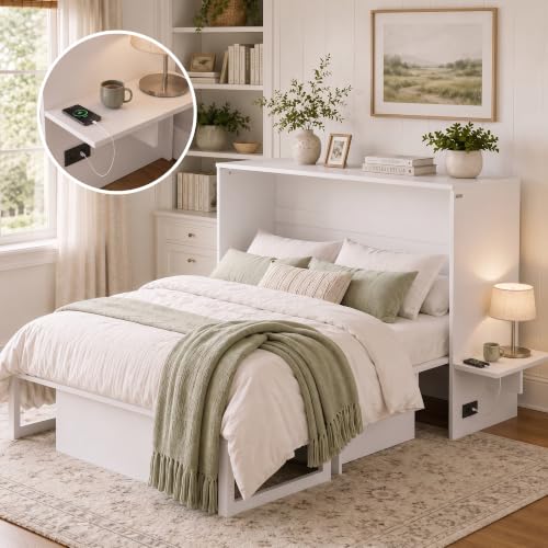 Image of Softa Full Murphy Bed Cabinet with 6 inch Tri-Fold Mattress, Storage Drawer & Charging Station, 1200 Lb Heavy Duty Wood Wall Bed with Fold-Down Desk for Guest Room & Home Office, No Box Spring Needed