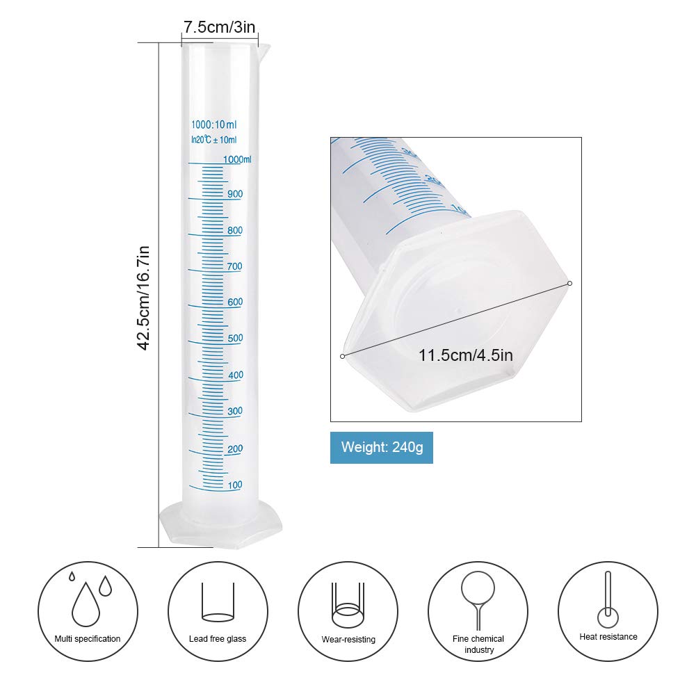 Cylindre Gradué Plastique 1000 Ml - Fond Hexagonal - Pour Labo, Brassage, Aromathérapie - Transparent