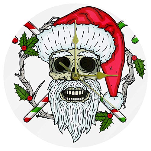 EZIOLY Reloj de pared acrílico con diseño de calavera de Papá Noel, de 10 pulgadas, silencioso, sin tictac, funciona con pilas, redondo, reloj de pared decorativo para el hogar, la oficina y la