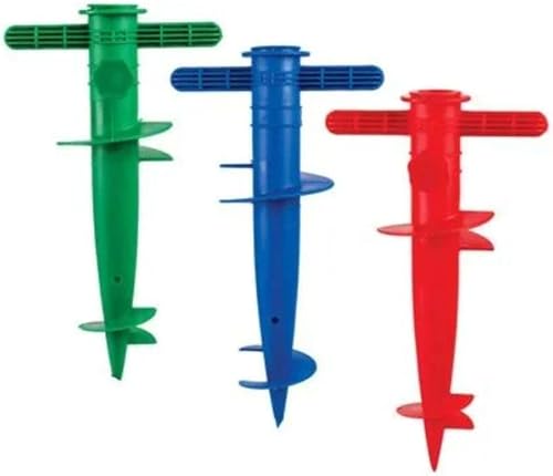 Beach Umbrella Sand Spike, Heavy Duty Screw-In Ground Anchor in Red, Blue, Green, Plastic Construction, Weather-Resistant Portable Design for Outdoor Beach Activities