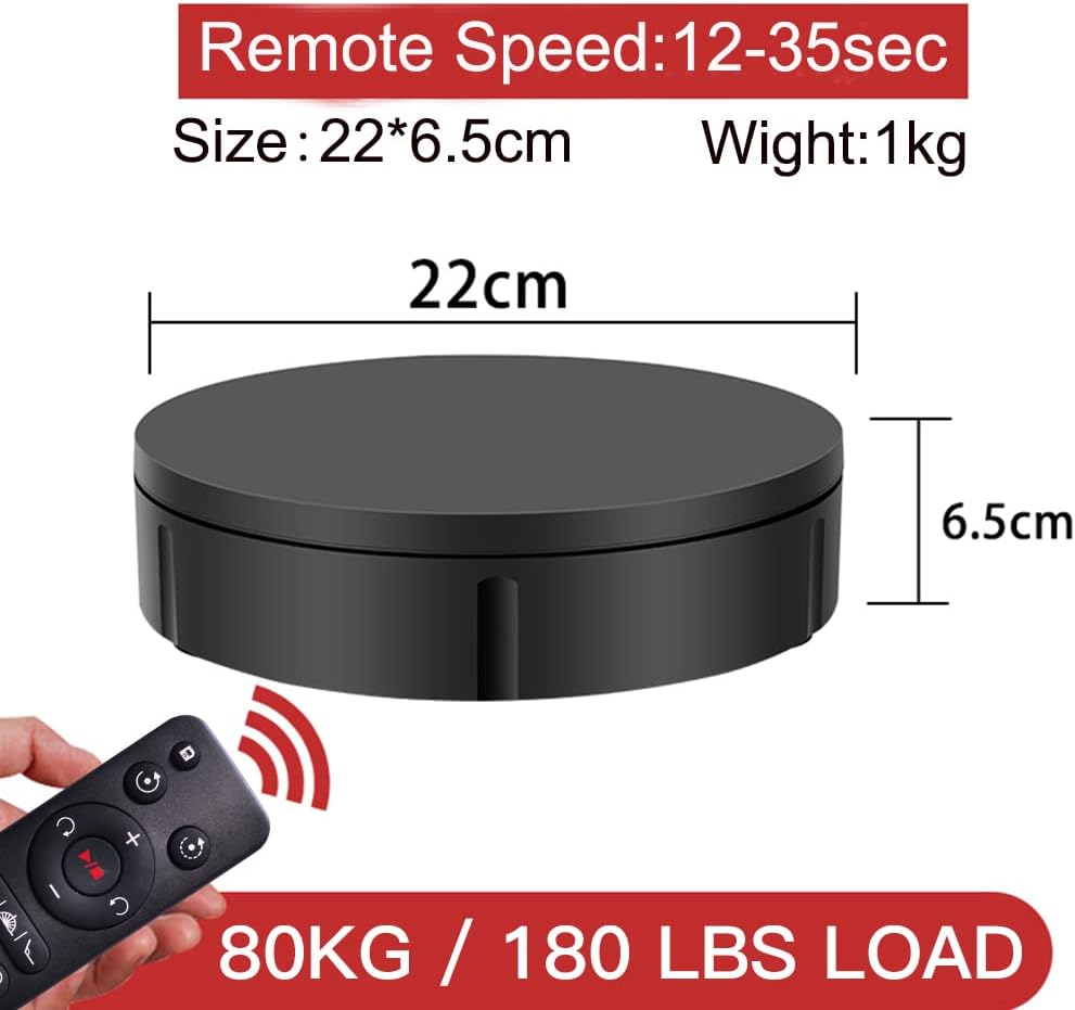 JAYEGT Motorized Rotating Display Stand, 360 Degree Electric Rotating Turntable for Photography Products Display,Live Video Show,Remote Control Angle, Speed (Black, 8.66inch /180Lbs Load,Wired)