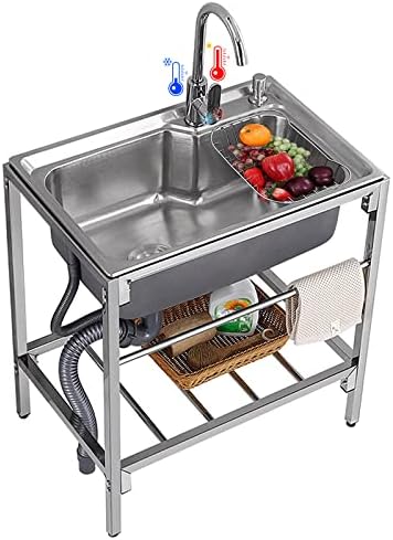 Free Standing Utility Sink Stainless Steel 1 Compartment Commercial Kitchen Sink Set Washing Hand Basin w/Cold Hot Water Pipe Faucet Storage Shelves for Indoor Outdoor Laundry Garage,L26.7"x H33.46"