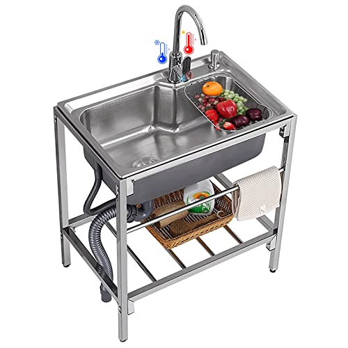 Free Standing Utility Sink Stainless Steel 1 Compartment Commercial Kitchen Sink Set Washing Hand Basin w/Cold Hot Water Pipe Faucet Storage Shelves for Indoor Outdoor Laundry Garage 26.7