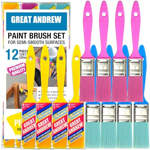 Great Andrew 12 PCS Small Paint Brushes1 Inch, Paint Brush for Painting Acrylic Oil Crafts DIY, Paint Brushes for Walls,Touch Up,Trim Painting Supplies
