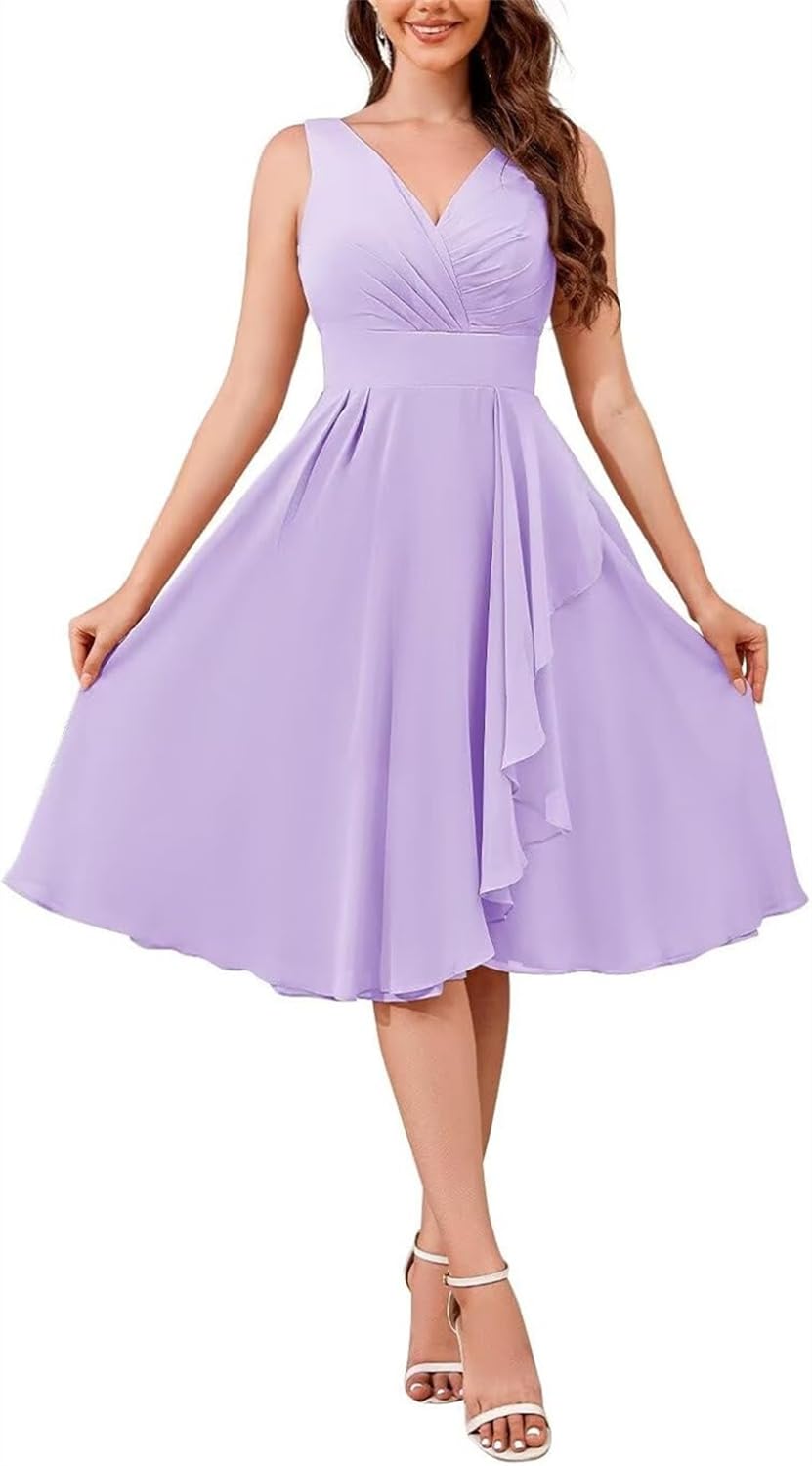 Hppee Women's Lilac Chiffon Bridesmaid Dresses For Plus Size Ruffle Pleated Short Homecoming Prom Dress Uk18