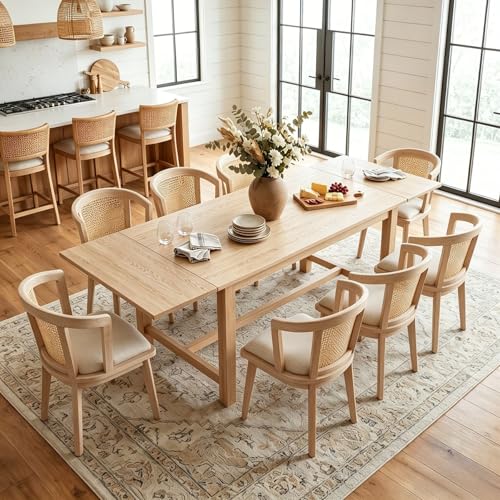 DM Furniture 9-Piece Farmhouse Dining Table Set for 8, 59"-94" Extendable Kitchen Table & Upholstered Chairs, Solid Wooden Table with Woven Ratten Chair Living Room Restaurant - Natural/Natural