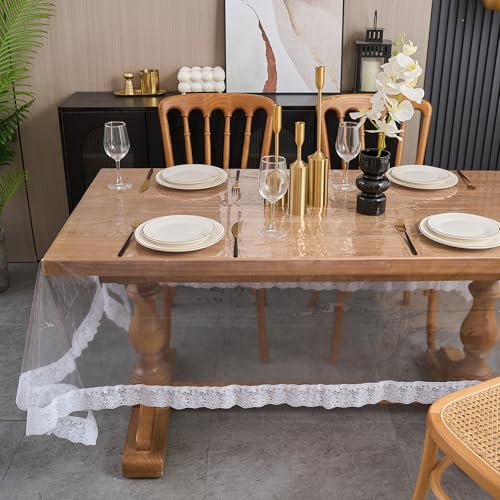 Image of Clear Vinyl Tablecloth Protector Transparent Lace Trim Table cloth - Waterproof, Stain-Resistant,Plastic Cover Decorative - Perfect for Weddings, Parties, and Home Decor (60 x 108 Inch Rectangular)
