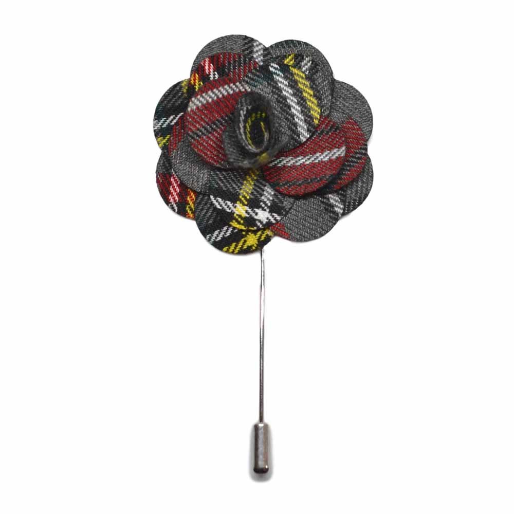 Broche Fleur Tartan Gris Clair King & Priory - Accessoire Boutonnière Corsage Élégant