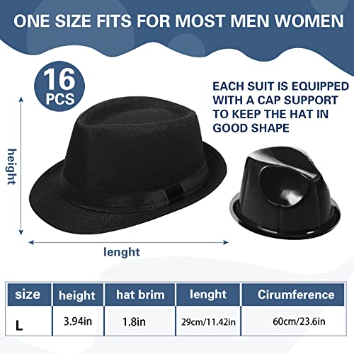 Image of Lasnten 16 Pcs Fedora Style Hat Bulk Men 1920s Gangster Short Brim Panama Cap Women Party Costume, Circumference 60 cm(Black)