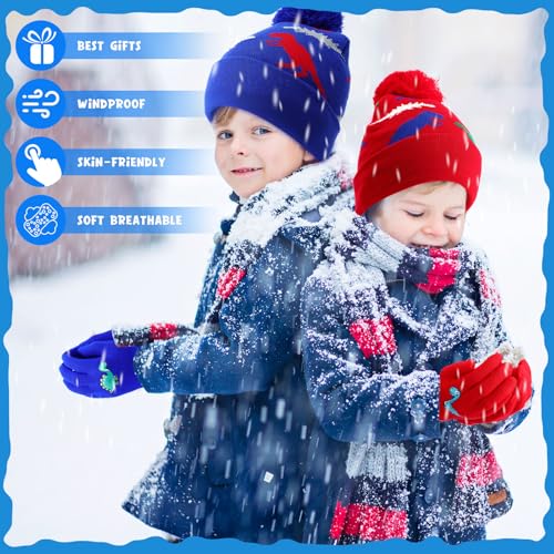 2 Sets Winter Boys Kids Hat Gloves Set Toddler Warm Hat with Gloves Pom Knit Baby Winter Soft Dinosaur Hats for Girl4