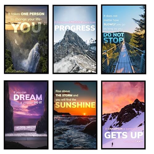 6 Inspirational Posters - Motivational Posters for Classroom, Gym, Postive Quotes on Nature Landscapes, Motivational Wall Art Decor. Inspirational Wall Art for Office. (unframed, 11x17', Set of 6)