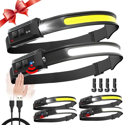 Headlamp Rechargeable 6 Pack, 230° Wide Beam LED Headlamp with 2 Spotlights, Motion Sensor, 5Mode LED Headlamp, Head Lights for Forehead, Headlamps for Adults Running Hard Hat