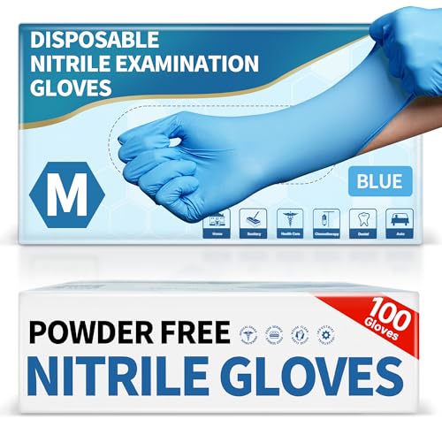 Medguy Powder-Free Nitrile Exam Gloves, 4.5 Mil, 100 Pcs Blue Disposable Latex-Free Food-Safe Medical Cleaning Cooking Gloves (Medium)
