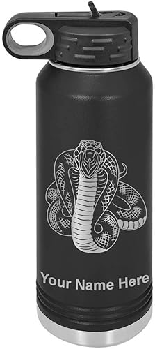LaserGram Botella de agua con tapa abatible de doble pared de 32 onzas con pajilla, serpiente cobra, grabado personalizado incluido (negro)
