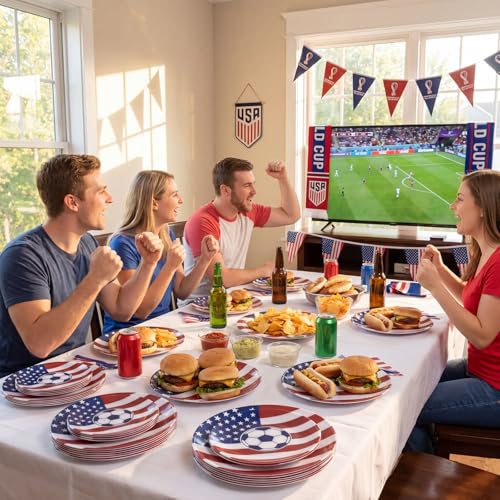 Ejonirinjonir 60pcs Soccer Party Plates - Patriotic Plastic Plates,American Flag Plates for World Cup Soccer Party Supplies,Red White and Blue Plates,10.25" Dinner & 7.5" Dessert Football Plates by ejonirinjonir - Used condition - Image 7