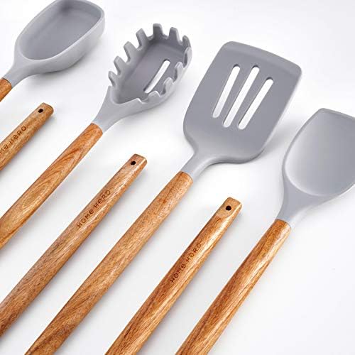 Silicone Kitchen Utensil Set - 8 pcs Natural Acacia Wooden Kitchen Utensils Silicone Kitchen Utensils Set - Cooking Utensils Set Silicone Utensils Set - Silicone Utensil Set Kitchen Set Spatula Set