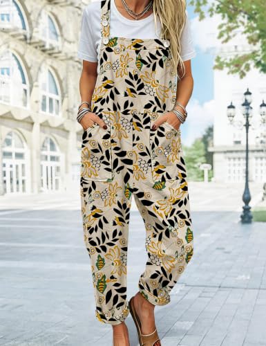 Image of YESNO Women's Overalls Cotton Boho Casual Floral Bib Jumpsuit Baggy Adjustable Strap Romper with Pockets PVV