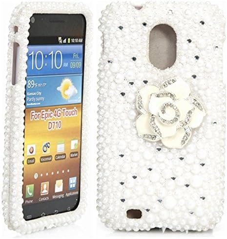 iSee Case Galaxy S2 Case, 3D Pearl Bling Glitter Rhinestone Crystal Full Cover Case for Sprint Samsung Galaxy S II S2 Epic Touch 4G SPH-D710 (D710-3D White Pearl) (White Flower)