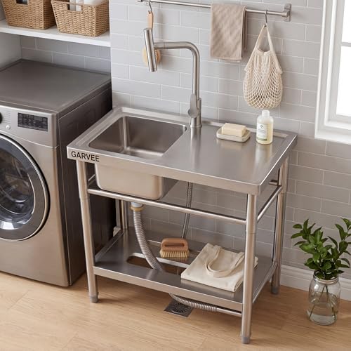 Utility Sink Freestanding Single Bowl Stainless Steel Sink with Right Work Platform, 30 x 16 x 30 Inch, No Drawer Stand and T-Shaped Faucet, Laundry Sink for Kitchen, Bathroom, Garage and Patio by PeacefulHues - Used condition - Image 2