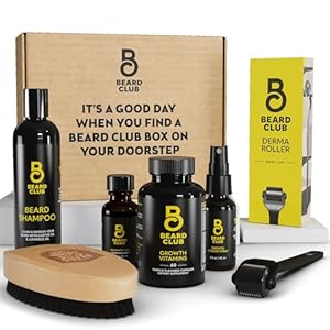 Beard Club Advanced Amber Beard Growth Kit – Derma Roller, Beard Oil, Vitamins and Beard Spray, Beard Shampoo and Beard Brush – Gift Set