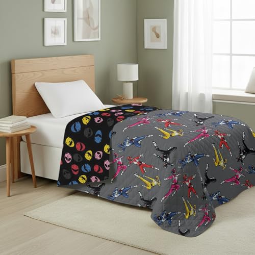 Image of Power Rangers and Helmets Quilted Throw Blanket, Classic Mighty Morphin Helmet Icons, Comfy Throw, Adults Boys Girls, Soft Lightweight Bedding for Bed, or Couch, 60 x 80 Inches