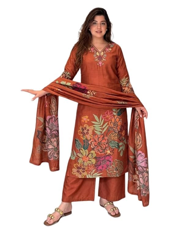 anni designer Viscose Printed Straight Kurta with Palazzo and Dupatta for Women | Viscose Brown | 3/4 Sleeve | V-Neck | Ethnic Wear Casual Wear-picture-13
