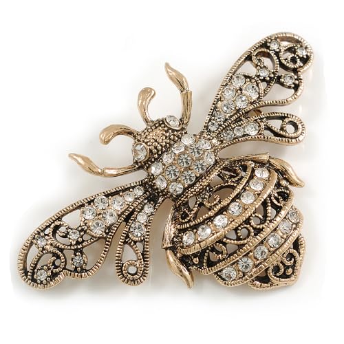 Large Vintage Inspired Aged Gold Tone Crystal Bumble Bee Brooch -...