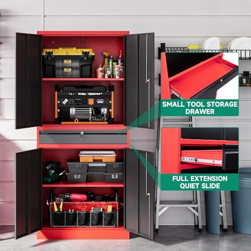 Image of Letaya Metal Garage Storage Cabinet with Drawer,4 Door Tool Cabinet with Adjustable Shelves for Garage Home Office Utility Room (Red)