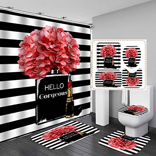 OLEBETY 4PCS Hello Gorgeous Shower Curtain Set Watercolor Red Floral Black and White Striped Perfume Lipstick Makeup Vintage Modern Fashion Women Bathroom Decor Non-Slip Bath Mat Toilet Rug, Hydrangea