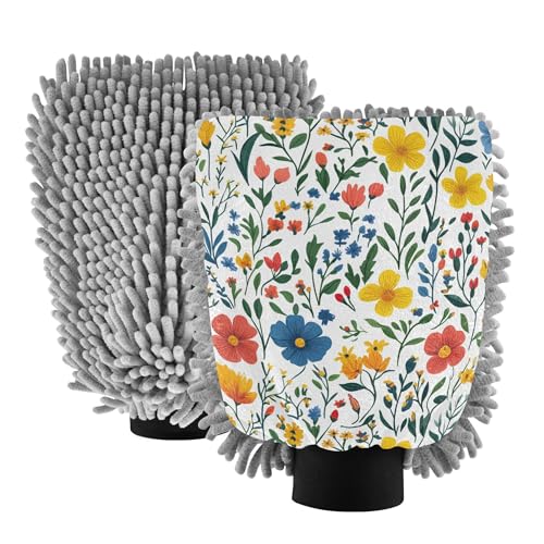 Spring Flowers Orchid Dianthus White Car Wash Mit 11.8'' Car Clean Gloves Scratch Free Clean Sponges for Cleaning Wash