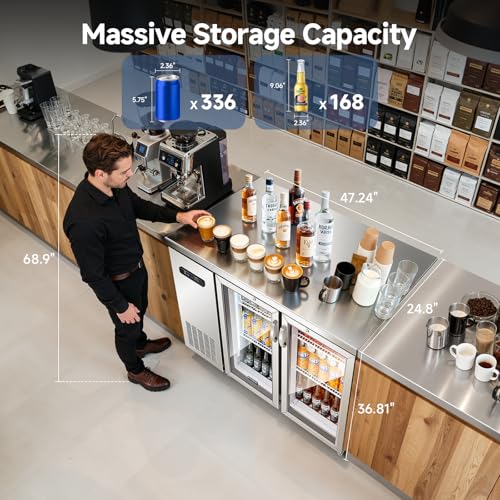 Image of BODEGACOOLER Commercial Cooler with 2 Glass Doors,12 Cu.Ft Stainless Steel Counter Height Back Bar Refrigerator,Display Drink Beverage Fridge for Soda LED Lighting, SUS 304 Stainless Steel Exterior