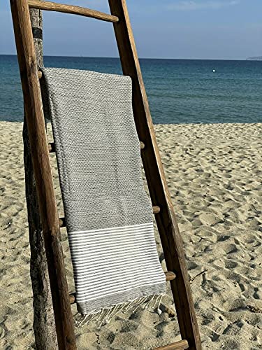 Fouta Tunisienne - Serviette de Plage - 100x200cm Nid d'abeille Rayures Fines Gris Chiné 100% Coton