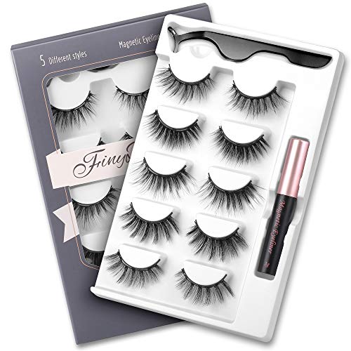 Magnetic Eyelashes and Magnetic Eyeliner Kit, FinyDreamy Magnetic Eyeliner for 3D Magnetic Lashes Natural Look, Come with Professional Applicator, 5 Different Styles Reusable Lashes(5 Pairs)