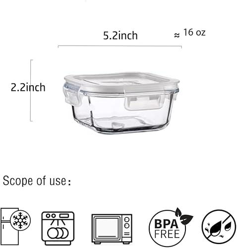 Miniatura 2 de Recipientes cuadrados de vidrio para almacenamiento de alimentos de 2 tazas, recipientes de almacenamiento cuadrados pequeños con tapas herméticas a