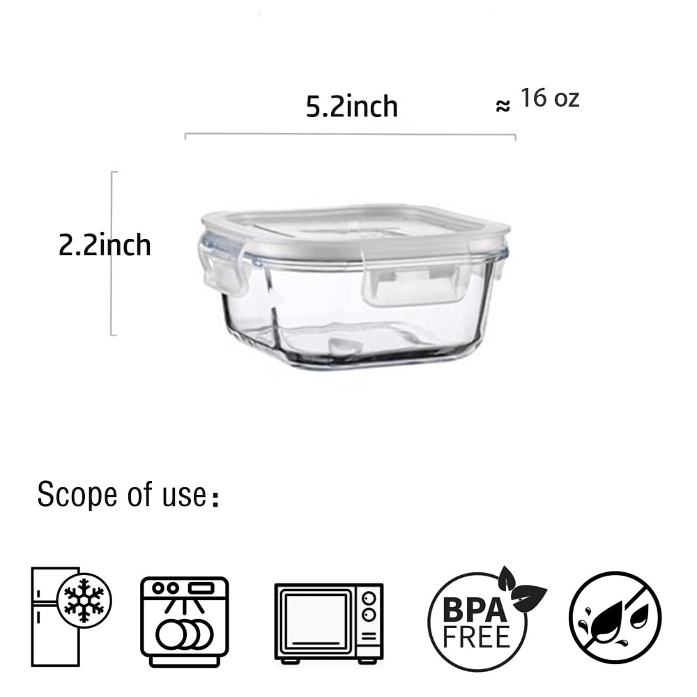 Recipientes cuadrados de vidrio para almacenamiento de alimentos, recipientes pequeños cuadrados de almacenamiento con tapas herméticas, a prueba de fugas, sin BPA, cuencos de vidrio de 16