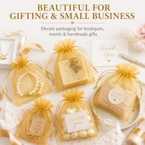 Image of Hopttreely Gold Organza Bags 4x6 Inch, Premium Mesh Drawstring Gift Bags for Party Favors, Jewelry Packaging, Wedding Candy, Christmas, Small Business Supplies, 50 Pcs