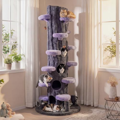 Image of PETSITE 90.5-inch Tall Cat Tree, Tree-Like Modern Cat Tower with Sisal Scratching Pad, Five Cat Condos, Cute Hanging and Spring Toys, Large Cat Tree Tower for Indoor Cats (Purple)