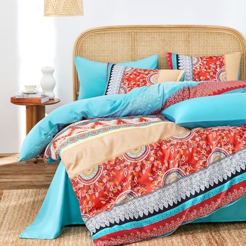 Image of Wake In Cloud - Boho Comforter Set, Bohemian Chic Colorful Medallion with Geometric Botanical Flowers and Horizontal Stripes, Soft Lightweight Bedding, 3 Pieces, Red Teal, King Size