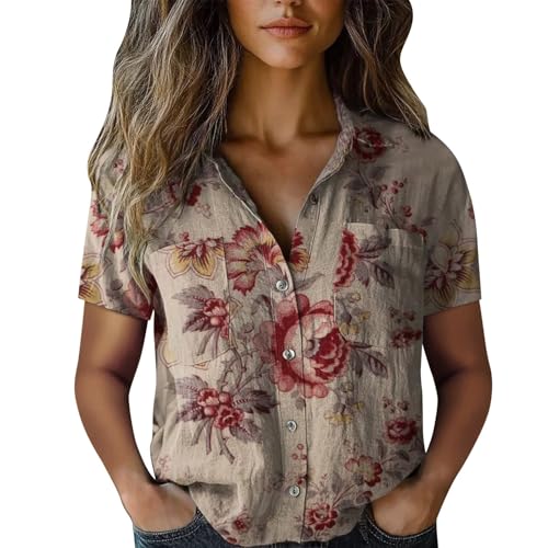 Women Gauze Tunic Tops 2025 Women Cotton Shirt Printed V Neck Button Down Shirts Casual Tops Short Sleeve Blouse