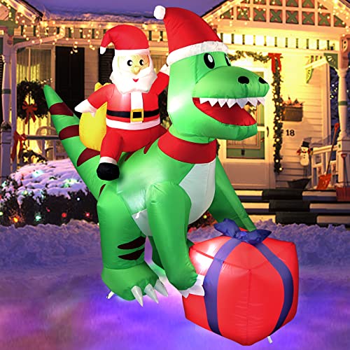 5 Ft Christmas Inflatable Dinosaur with Santa LED Lights Indoor Outdoor Holiday Yard Decor Green T-Rex with Gift Box
