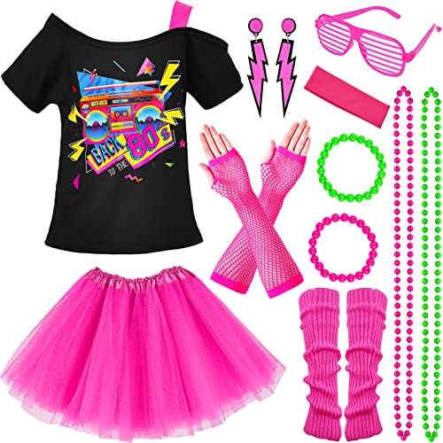 Latocos 14 Pcs 80S Costume Accessories T-Shirt Tutu Skirt Outfits Halloween Cosplay 1980S Theme Retro Party Girls #TOP3