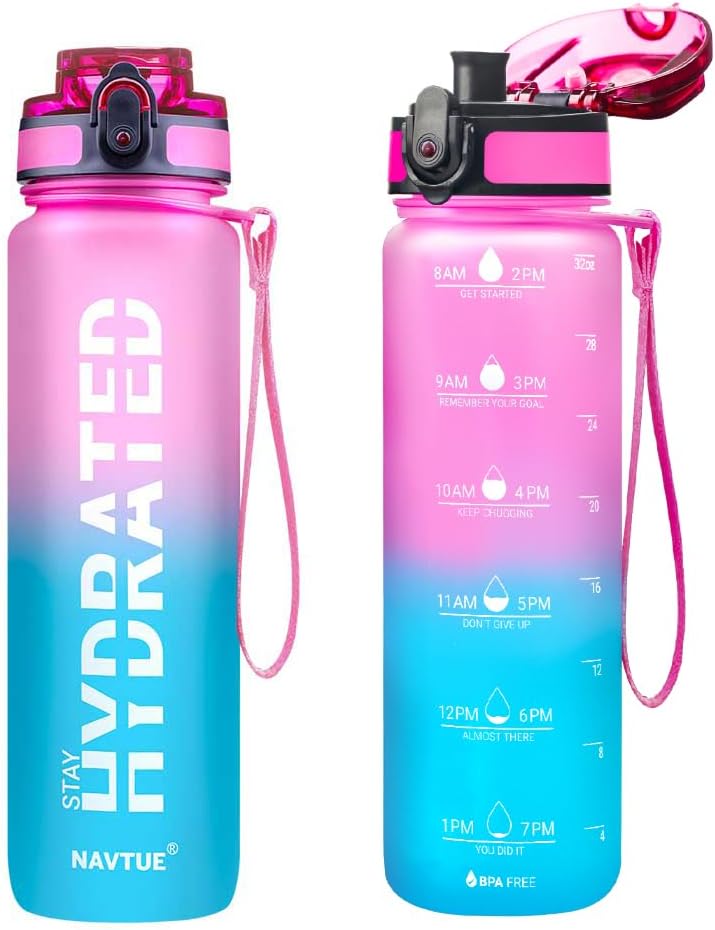 Water Bottle, 32 oz Sports Water Bottles with Time Marker Wide Mouth, Motivational and Leakproof Drink Bottle, BPA Free Tritan with Carry Strap for Gym Fitness Outdoor(1 Bottle)