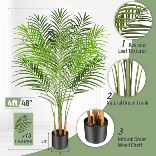 Image of 4ft Artificial Palm Tree - 120cm Tall Fake Areca Palm Plant with 13 Trunks and Realistic Bark Design - Faux Tropical Plants with Pot Perfect for Indoor Home, Living Room, or Bedroom Decor