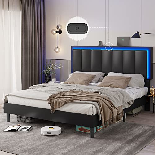 Hasuit Full Bed Frame With Headboard And Led Light,Vegan Leather Upholstered Full Size Platform Bed, Headboard Height Adjustable, No Box Spring Needed, Noise Free, Easy Assembly, Black #TOP22