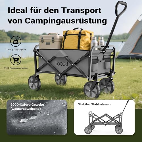 Toboli Bollerwagen faltbar Offroad grau, Faltbollerwagen belastbar bis 100 kg, Klappbollerwagen für Strand, Garten, Einkäufe
