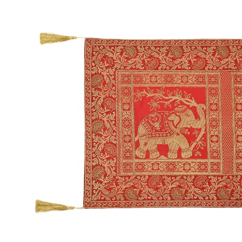 Image of E-EZRA Decorative Dining Table Runner Silk Runners Ends Tassels on Both Sides Banarasi Brocade Silk Tablecloth Decorative 6 Seater Runner Long Size 16x60 Inch (Red)