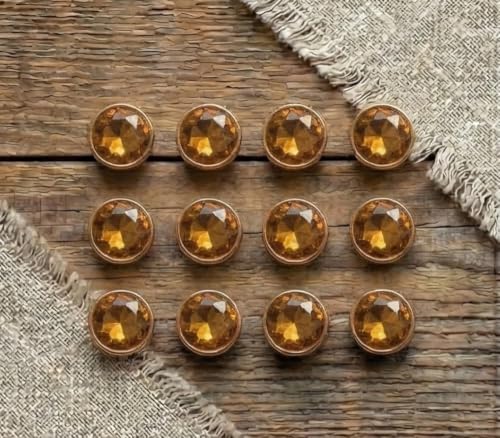 Image of Crystal Amber gold Rhinestone Buttons (Size-18L) for Sewing & Craft | Gold Rim Designer Button for Blouse, Kurti, Dresses, DIY Craft & Decorations | Pack of 12 | Shiny Diamond Cut for Women's Clothing