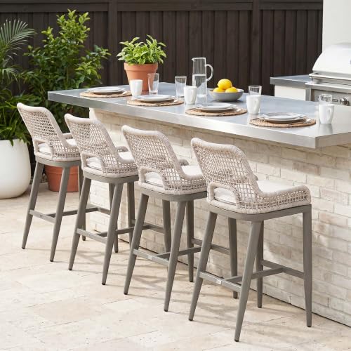 Image of PURPLE LEAF Bar Stools Set of 2 Bar Height Metal Bar Chairs with Back Modern Tall Comfy Wicker Woven Boho Garden Pool Patio Outdoor Barstools, Light Grey