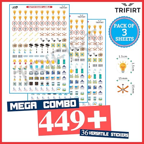 Image of Trifirt Transparent Switch Stickers for White Switchboard for Home Office Electric Board Appliances for Home Fan Tubelight Lamp Stickers 36 Design 450 Pcs (Colourful)