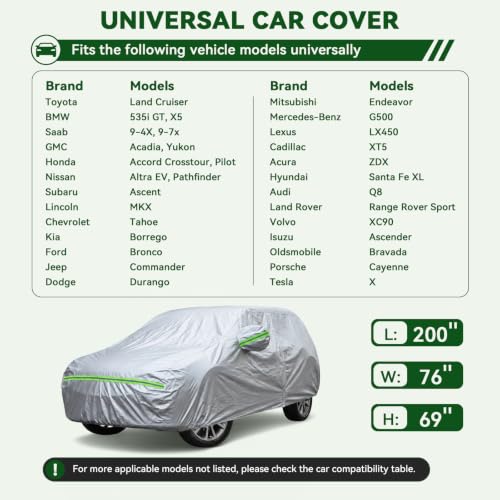 Image of AUQDD 6-Layers Premium SUV Car Cover Waterproof All Weather Weatherproof UV Sun Protection Snow Dust Storm Resistant Outdoor Exterior Custom Form-Fit Full Padded Car Cover with Straps 188 inch-200 inch K8